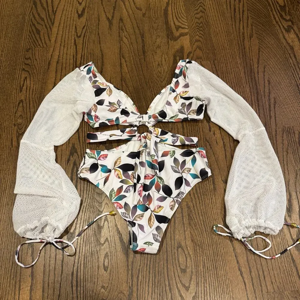 Boutique White Long Sleeve Mesh Floral One Piece Swim Suit Monokini Size Medium